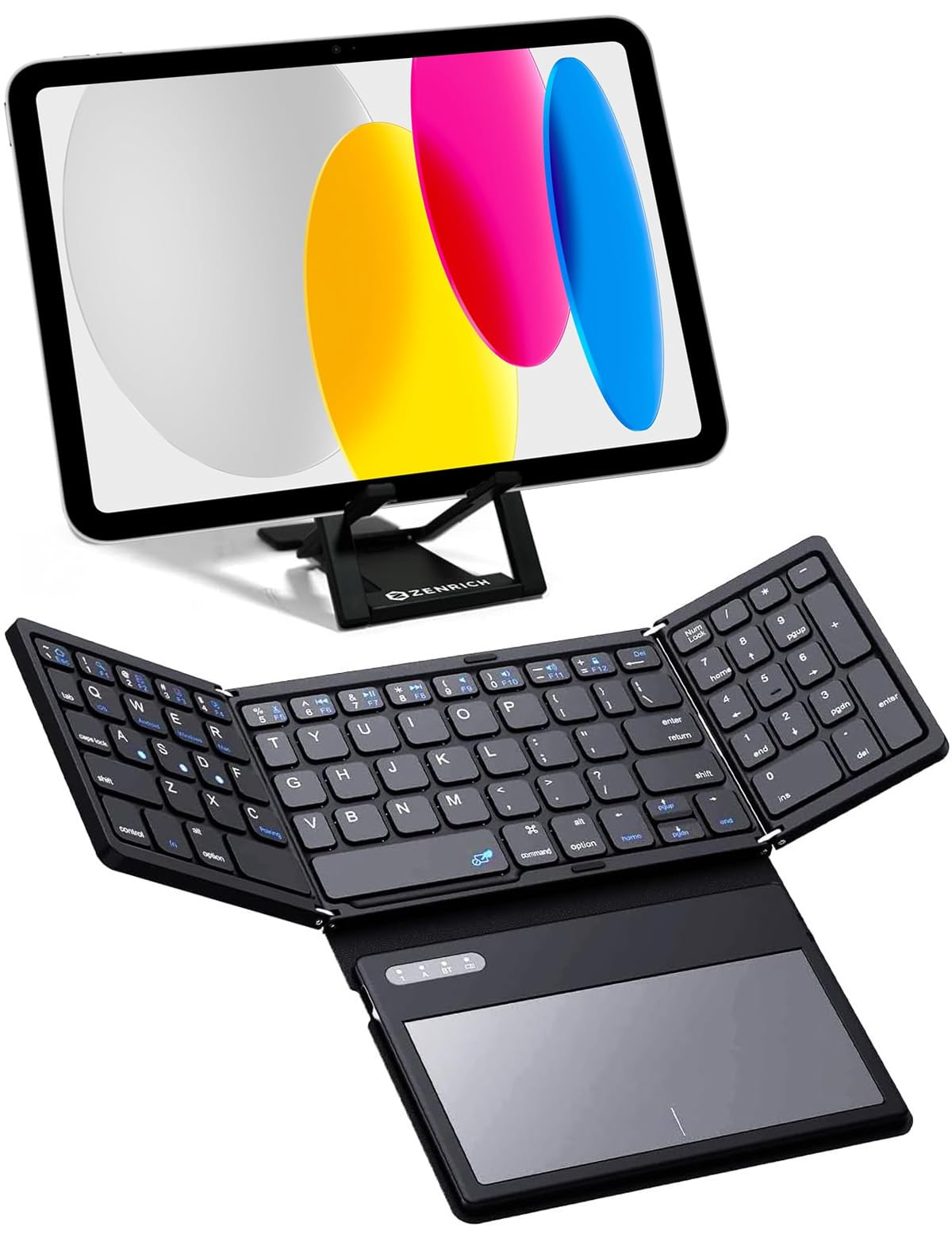 zenrich Tastiera Bluetooth pieghevole con touchpad/tastierino numerico/supporto, tastiera wireless pieghevole portatile da viaggio per Android iOS Windows Tablet Smartphone (sincronizzazione fino a 3