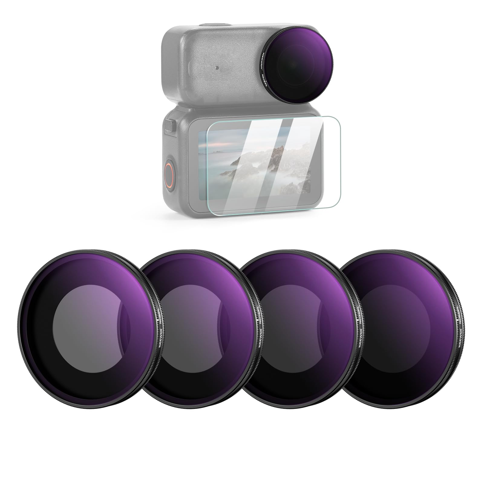 NEEWER ND/PL Filter Set Compatible with DJI Osmo Nano (ND8/PL+ND16/PL+ND32/PL+ND64/PL), Screw On Neutral Density Polarized ND Action Camera Lens Filter Accessories with Screen Protector, 4 Packs