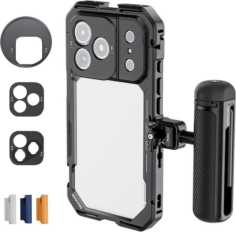 Phone Cage Kit Compatible with iPhone 17 Pro Only, Video Rig Stabilizer Accessories with 67mm Filter Ring, 17mm & T Mount Lens Backplates, Quick Release Bluetooth Handle, PA143 (Black)