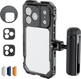 NEEWER 17 Pro Käfig Cage Video Rig Handy Stabilisator Set kompatibel mit iPhone 17 Pro mit 67mm Filterring 17mm und T Mount Objektivrückplatten,Schnellverschluss Bluetooth Griff, PA143 (Schwarz)