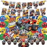 Birthday Party Supplies For blaze Includes The blaze Inspired Happy Birthday Banner - Background - Cake Topper - 24 Cupcake Toppers - 16 Balloons