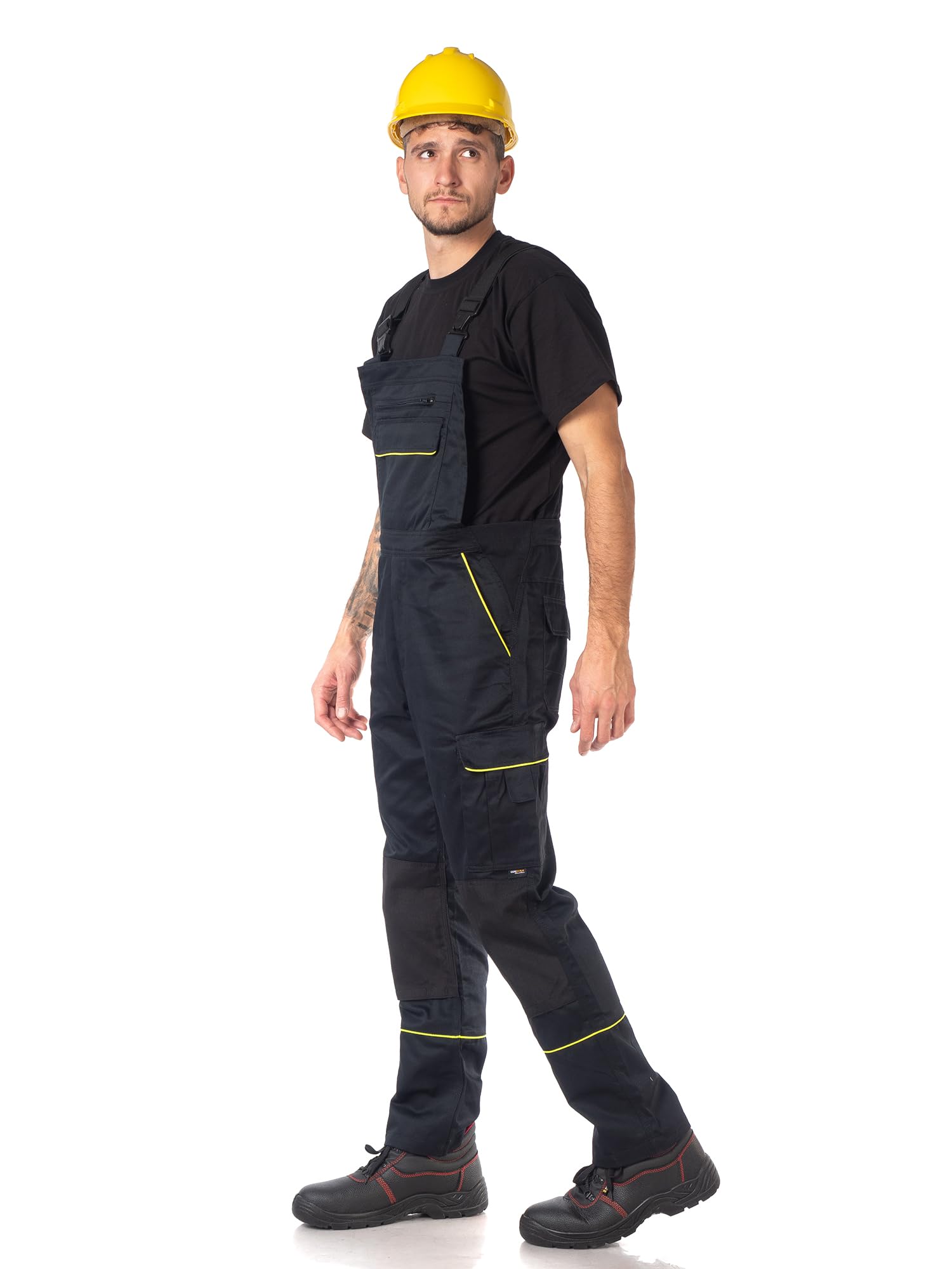 DINOZAVR Fortum Salopette De Travail Homme Avec Ceinture Élastique, Renforts CORDURA, 2 Poches Avant Et Poitrine, Poche Cargo, Renfort Genoux, Bretelles Élastiques, Salopette Homme Noir 60