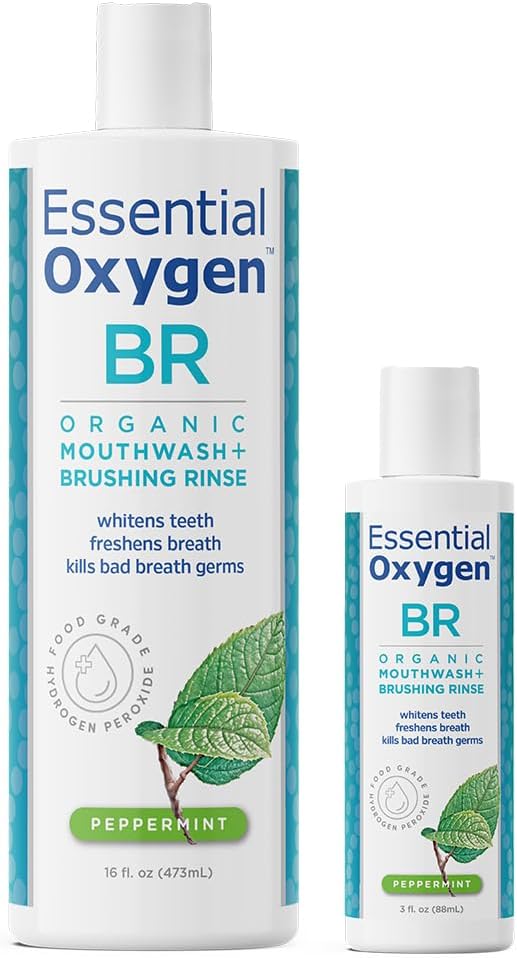 Essential Oxygen, Certified Organic Brushing Rinse, Combo, Peppermint, All Natural mouthwash, Dentist Recommended, Alcohol-Free Oral Care, 1-3 fl oz bottle and 1-16 fl oz bottle, BR (Pack of 2)