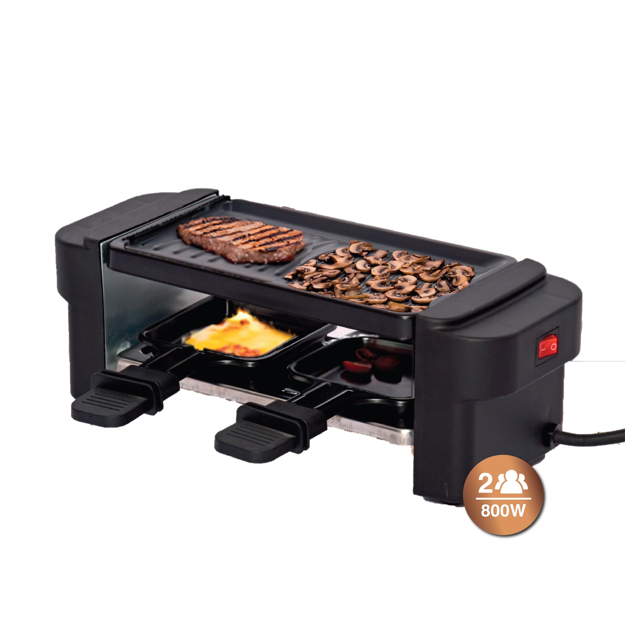 Raclette Eléctrica para 2 Personas – 400W, Placa de Hierro Fundido Extraíble, Superficie Antiadherente, Voltaje 220–240V, 2 Sartenes, Ideal para Parrilladas Saludables