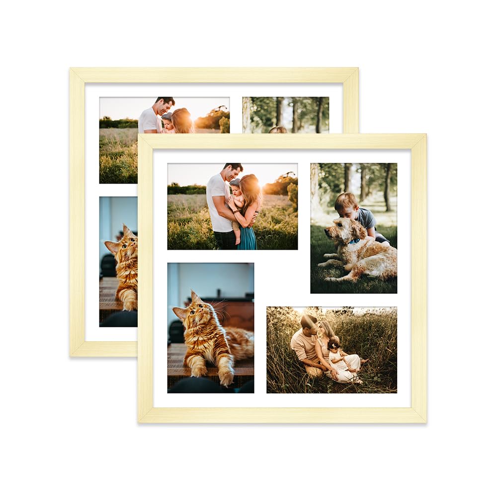 Gold Multi Photo Frame - Holds 4 x 6x4 Pictures, Family Collage Picture Frame for Wall Display, 12x12 Frame size, Set of 2