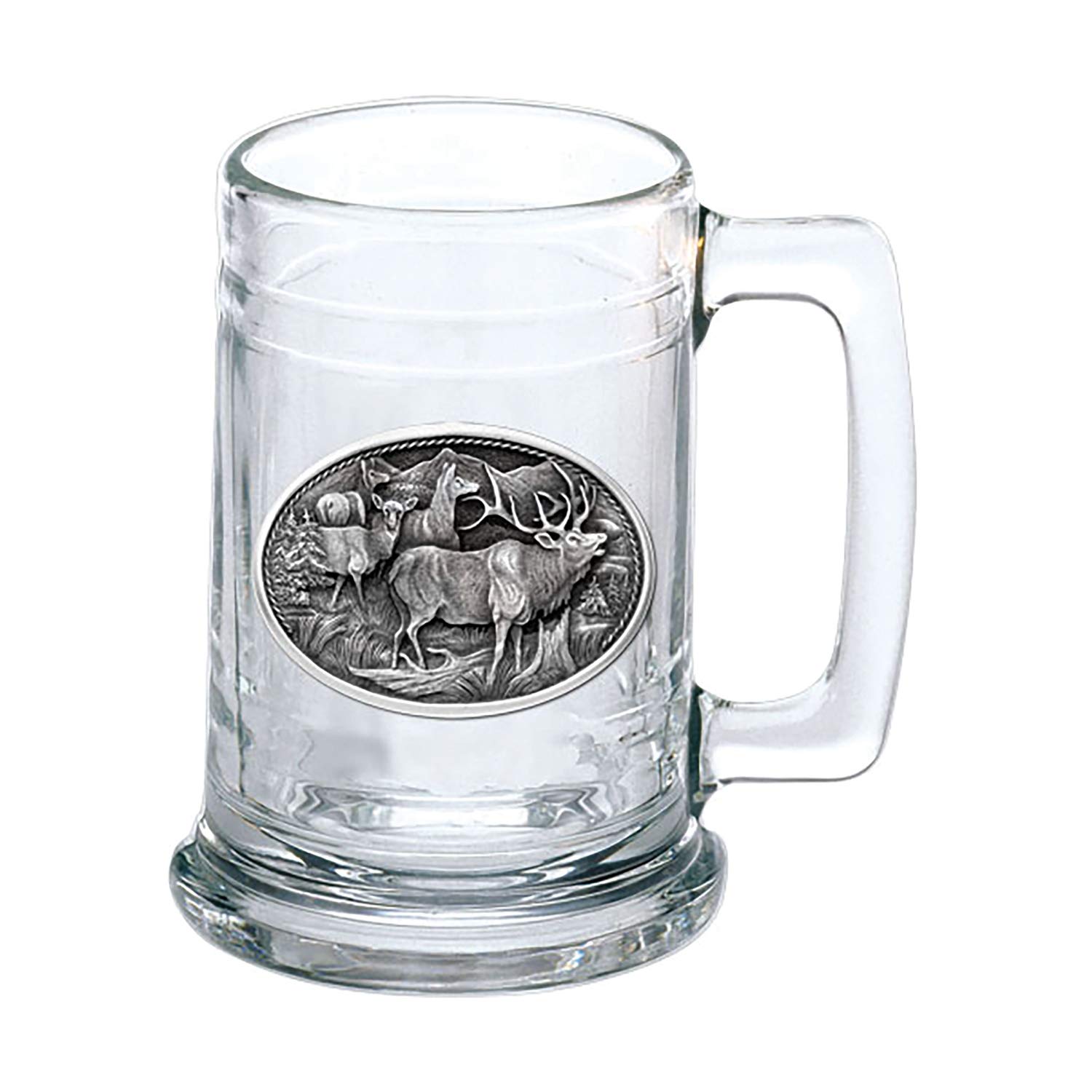 Heritage Pewter Elk Beer Stein Glass | 15 Ounce German-Style Beer Glass | Intricately Crafted Metal Pewter Elk Inlay