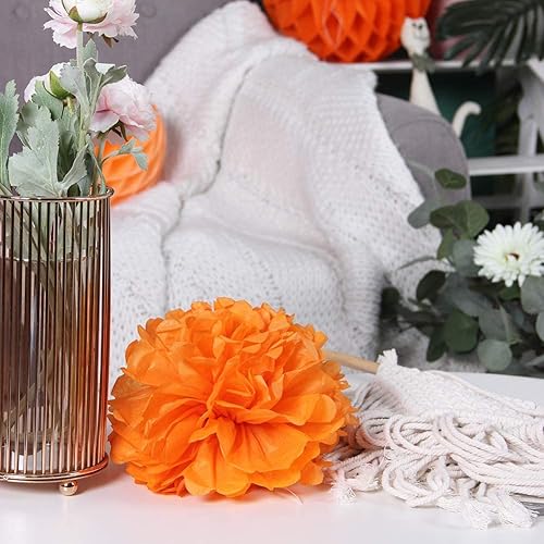 Miniatura 6 de SUNBEAUTY Juego de 6 pompones naranjas para decoración de cumpleaños, abanicos de papel, decoración de fiesta naranja