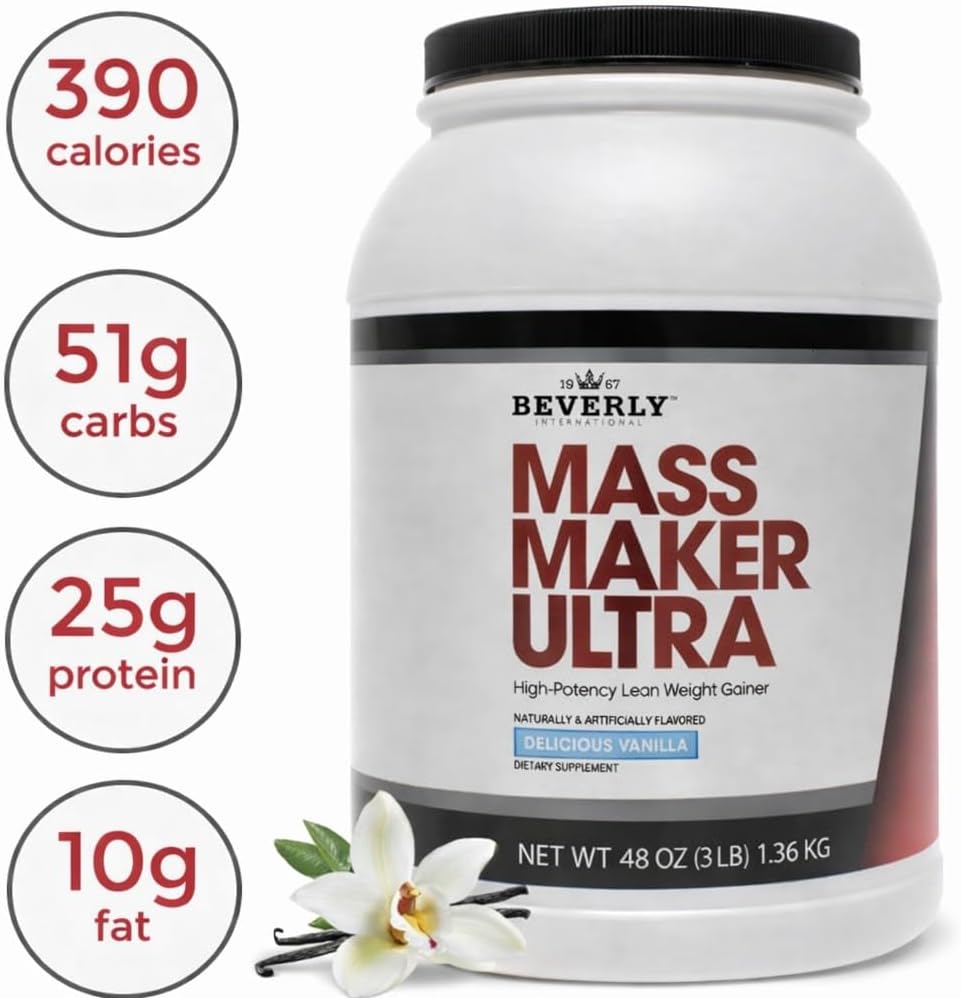 Beverly International Mass Maker Ultra Vanilla, 14 Servings, 3lb. Build Lean Mass Like a Pro. Milk Protein Isolate, Whey Protein Isolate + Egg. MCT Oil. Clean Carbs, Great Taste