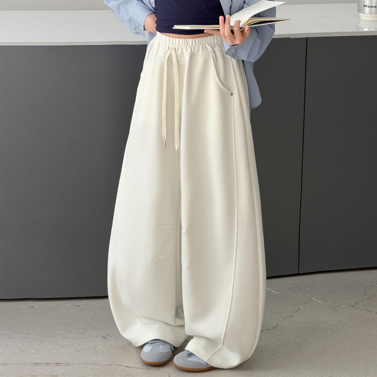 Jogginghose für Kinder, Mädchen, gerades Bein, offenes Bein, Baggy, Fleece, gestrickt, weites Bein, Jogger, Laufen, Geburtstag, entspannte Passform, trendige Yogahose mit weitem Bein, mit Taschen