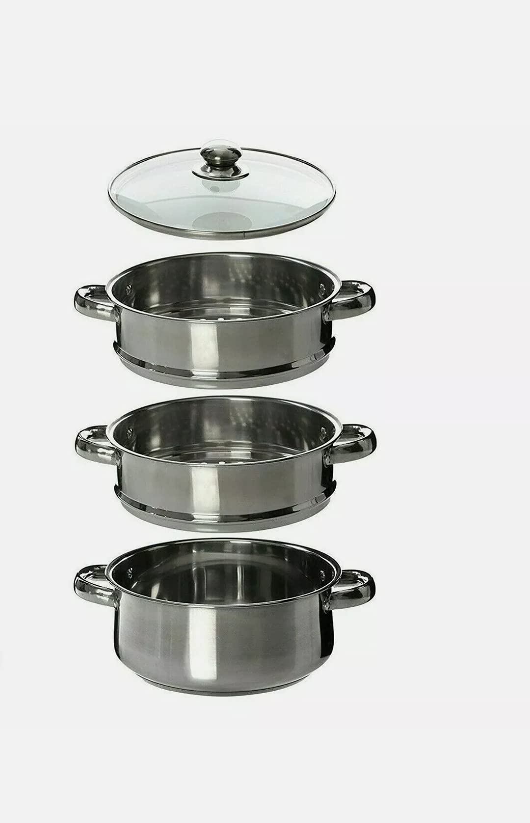 Prima Kitchen Cuiseur Vapeur 3 Étages 22 Cm - Acier Inoxydable Avec Couvercle Verre Et Poignées, Fond Capsulé - Parfait Pour Cuisson Saine