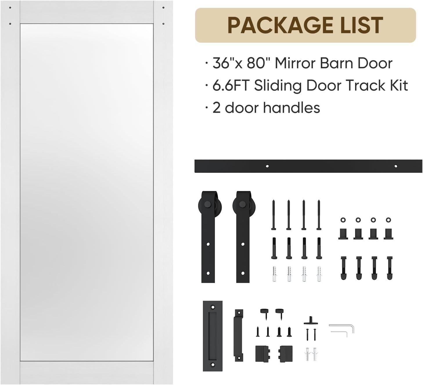 BARNSMITH 36in x 80in Mirror Barn Door with 6.6FT Sliding Door Hardware Kit Included, 1 Lites Full Length Mirror Door, Solid Wood Water-Proof PVC Surface,No Assembly Required,White