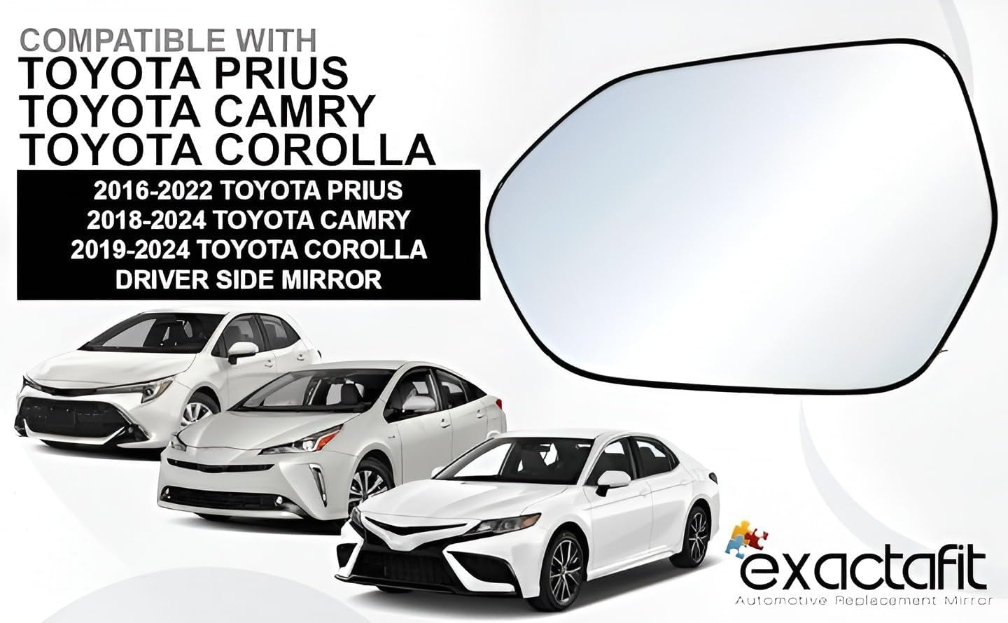 Driver Side Mirror Glass For 2018-2024 Toyota Camry, 2019-2024 Corolla, 2016-2022 Prius Left Door Rear View Mirrors Non-Heated with Backing Plate 8790233100