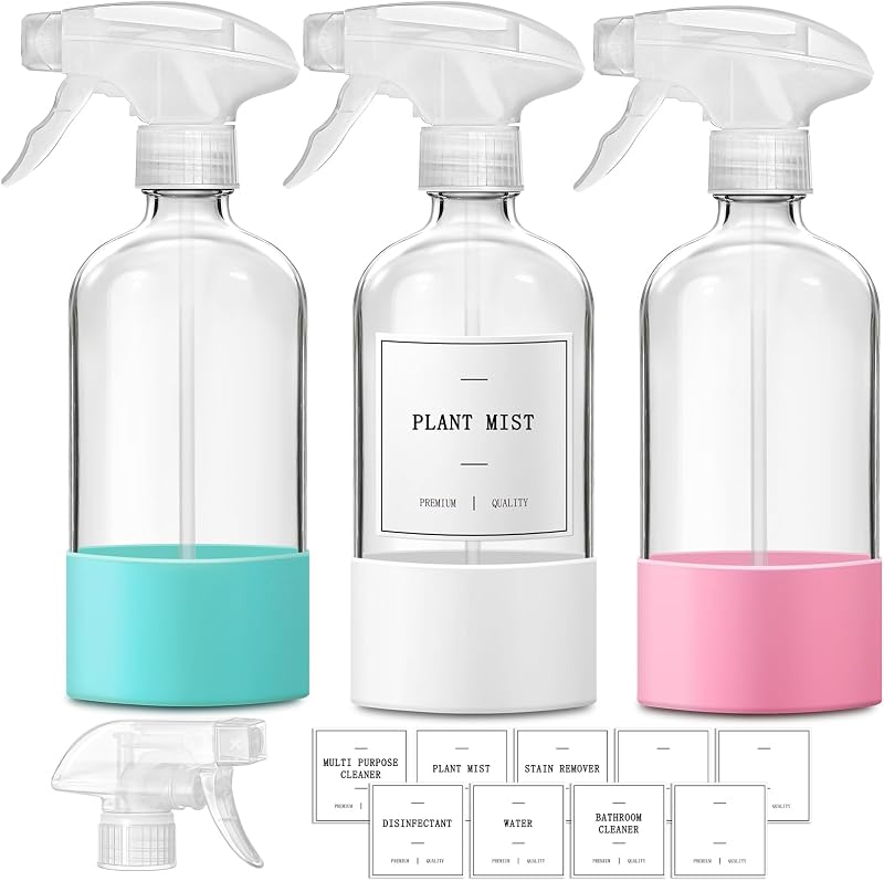 Frascos de vidro com spray Walkinstin para soluções de limpeza, 500 mL, pacote com 3, com capas de silicone e etiquetas