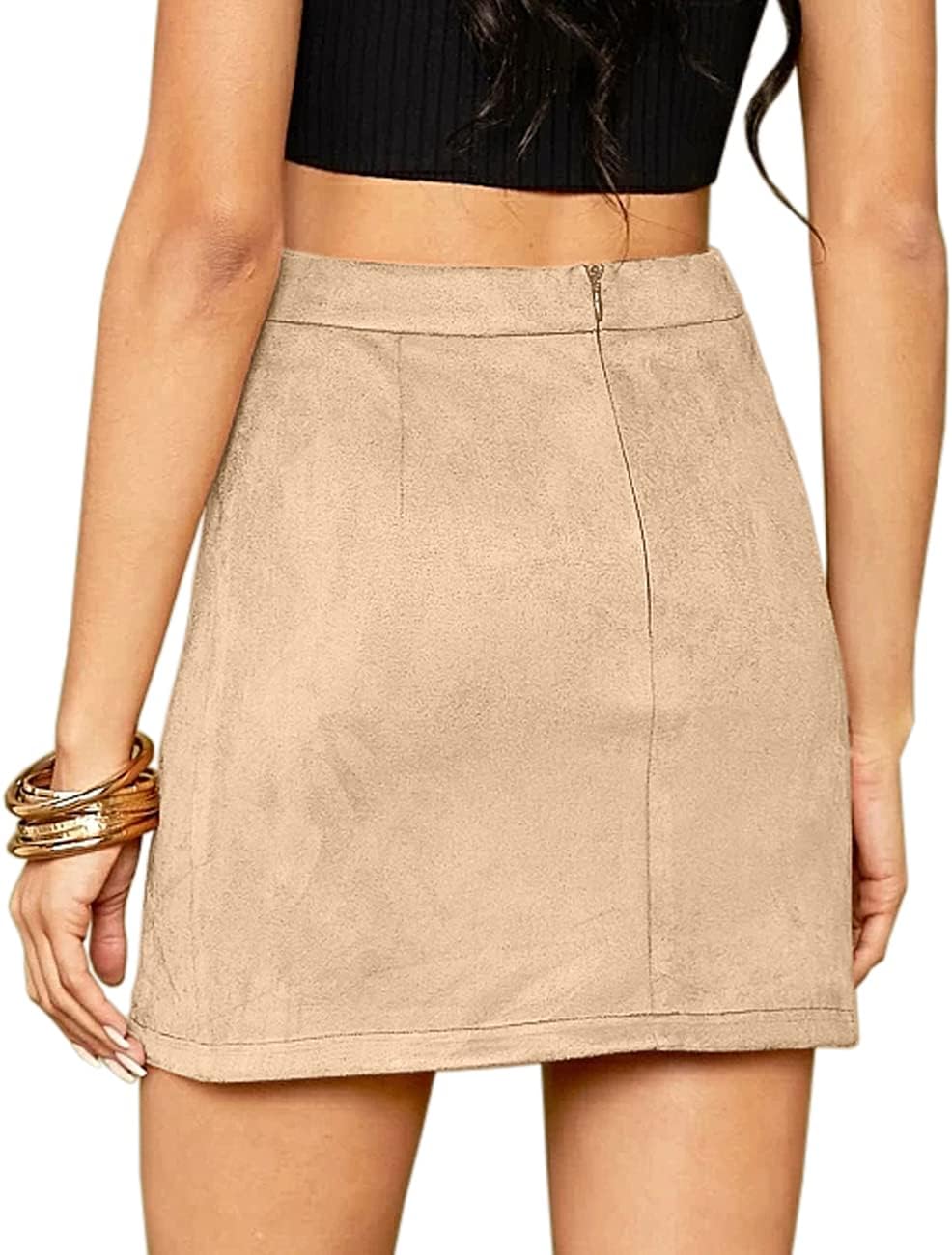 Mulisky Skirts for Women, Faux Suede High Waist Side Split Zipper Mini Skirts - Image 2