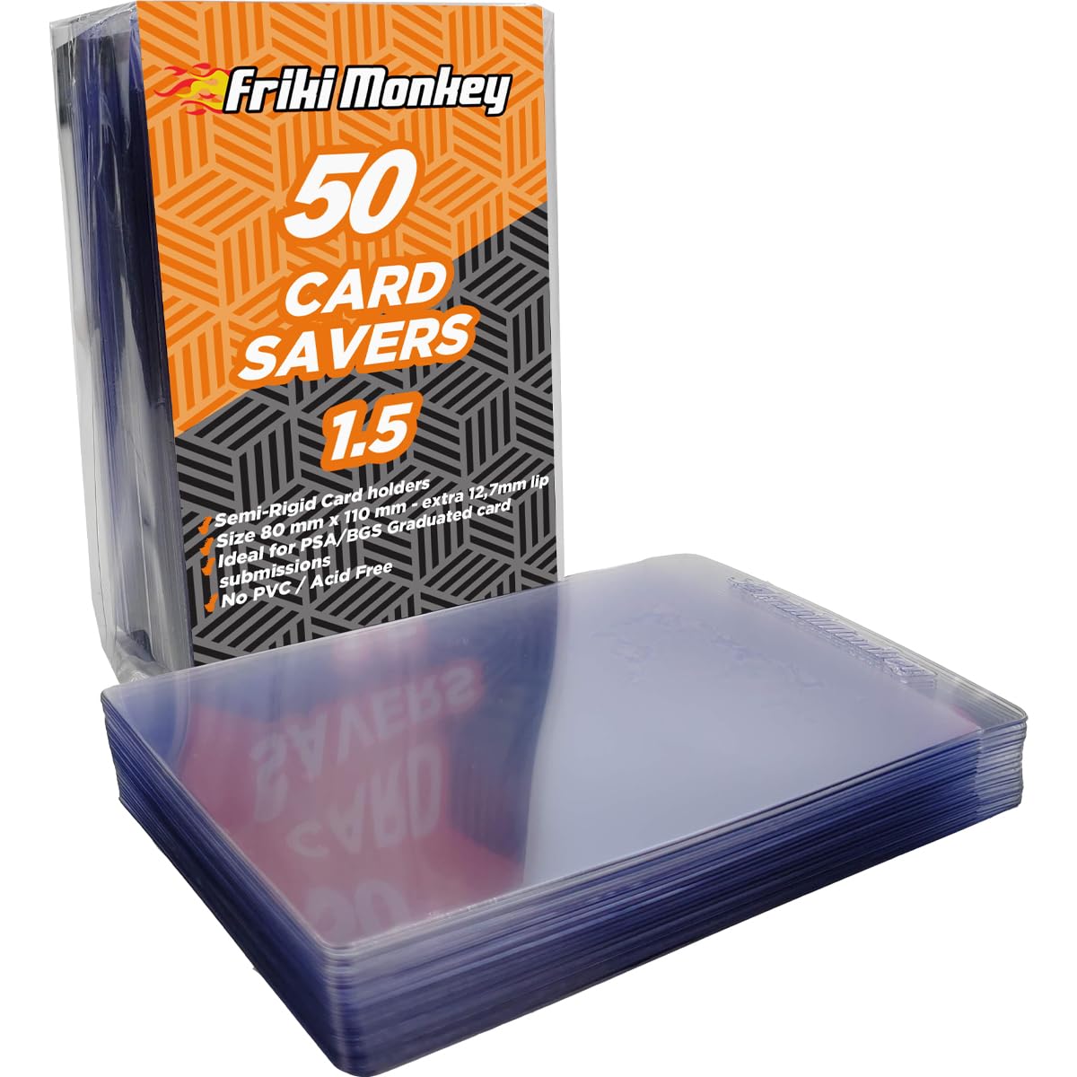 Friki MonkeyCard Saver 1.5, 50 Pack, Plastic CARD_DOCUMENT_SLEEVE, 80 x 110 mm, Ideal for PSA Grading, Protects from Dust, Water, and Damage