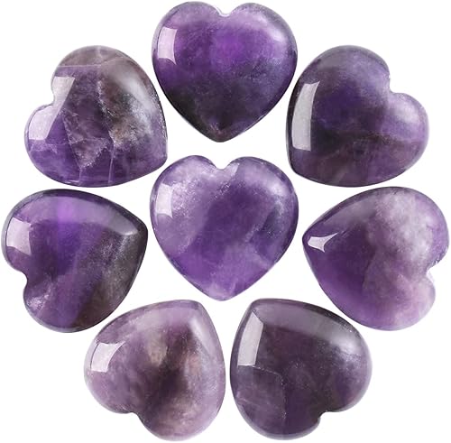 CASMON Juego de 8 piedras naturales de corazón de amatista (1 pulgada), juego de cristales de palma curativa de corazones de soplo con caja de
