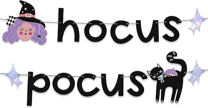 HOUSE OF PARTY Hocus Pocus Banner - Hocus Pocus Birthday Party Decorations - Witch Cat Party Decorations - Hocus Pocus Wall Decor - Halloween Party Decoration Supplies!