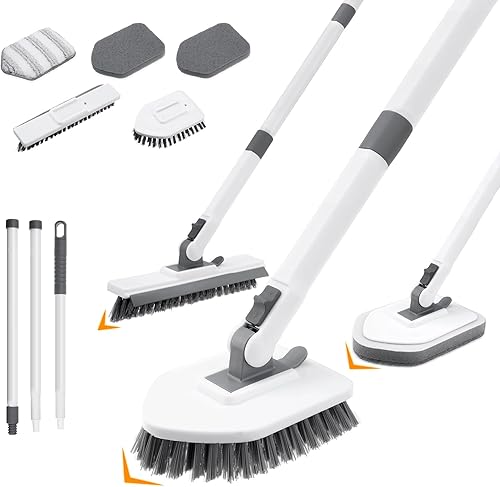 Cepillo de limpieza 4 en 1, cepillo de limpieza para bañera y azulejos con mango largo, cepillo de lechada, cerdas rígidas, cepillos de esponja de