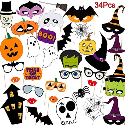 Halloween Photo Booth Props Kit, 34 Pieces DIY Vintage Scary Party Supplies with Vampire Skull Witch Photography Decoration Kit for Adults Dress Up Accessories Costumes Props