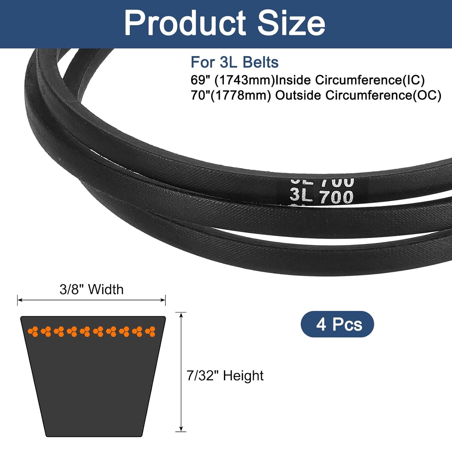 uxcell 4Pcs 3L700 Classic Wrapped Rubber V-Belt, 70"(1778mm) Outside Circumference, 3L Profile V Belt 3/8" Width 7/32" Height