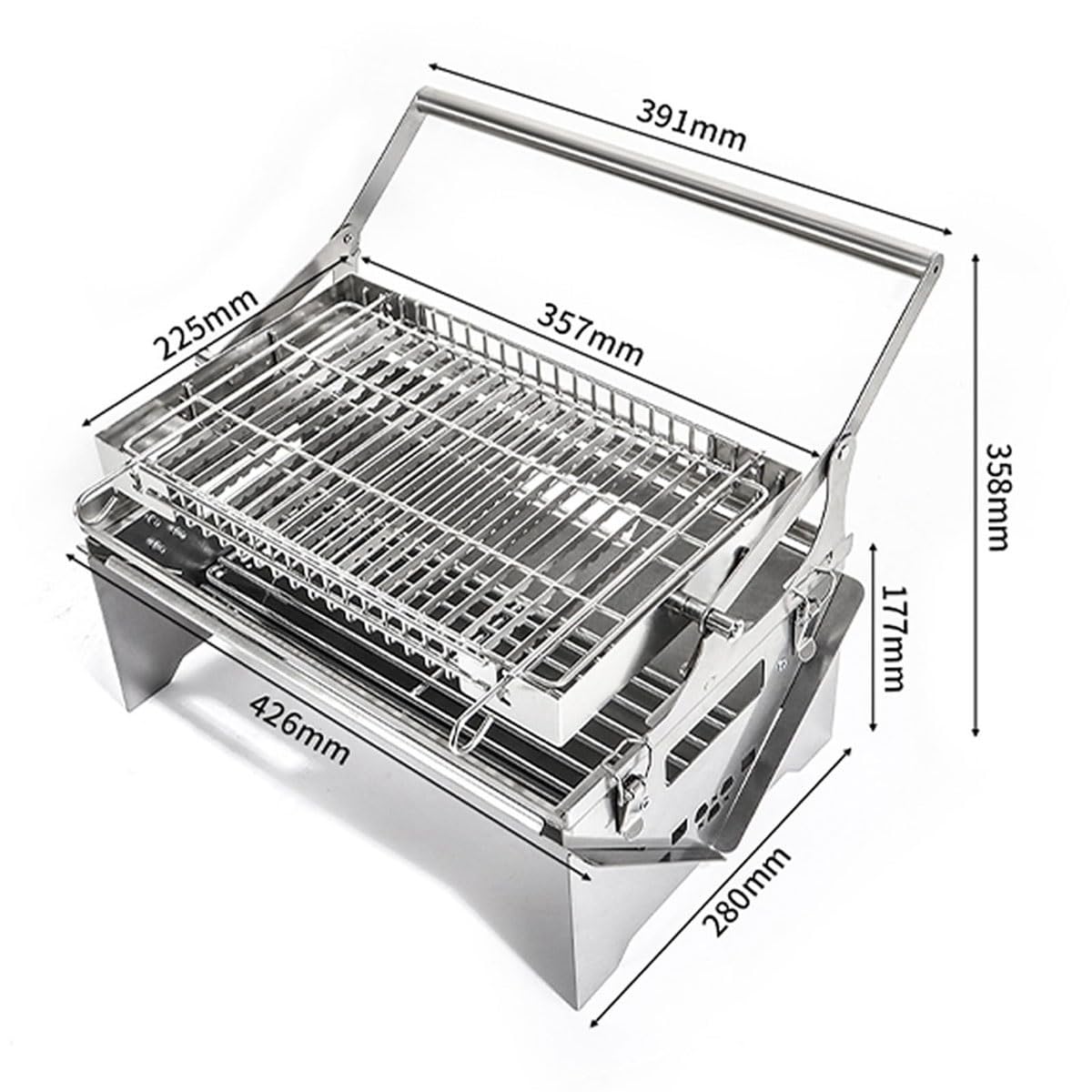 Griglia a carbone portatile girevole a 360°,griglie for barbecue girevoli in acciaio inossidabile con vassoio rimovibile e telaio in acciaio regolabile,griglia for barbecue a carbone portatile