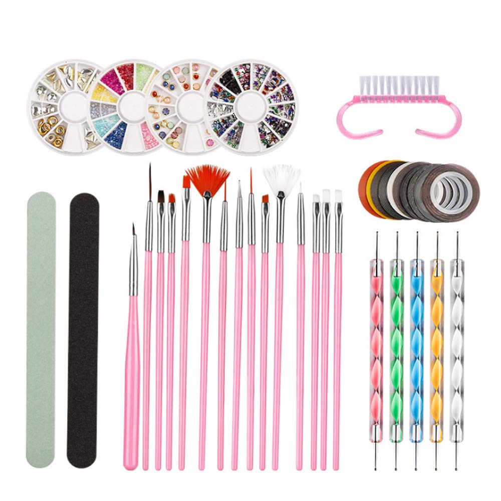 DIY Glitter Nail Rhinestones Decorations Dotting Tool, DIY Nail Art Tools with 15Pcs Painting Brushes, 5 Dotting Tools 4 Boxes Rhinestones 10 Striping Tapes 2 Nail File and A Claw Brush. (Pink)