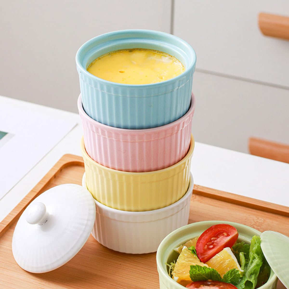 COLLBATH Juego de 5 Tazones de Cerámica para Postres y Pudín con Tapa, Colores Surtidos (,), Aptos para Horno y Microondas, Vajilla Multiusos para Repostería y Cocina Diaria