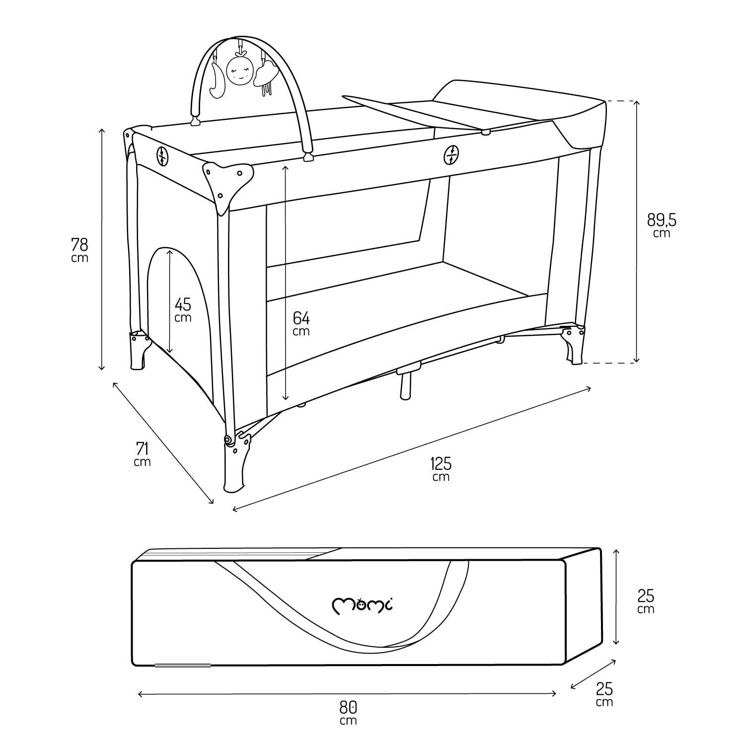 Momi Lettino da viaggio BELOVE PLUS 2 in 1, pieghevole, 2 posizioni per neonati fino a 9 kg e bambini fino a 15 kg, con materasso, arco con giocattoli, fasciatoio e borsa per il trasporto