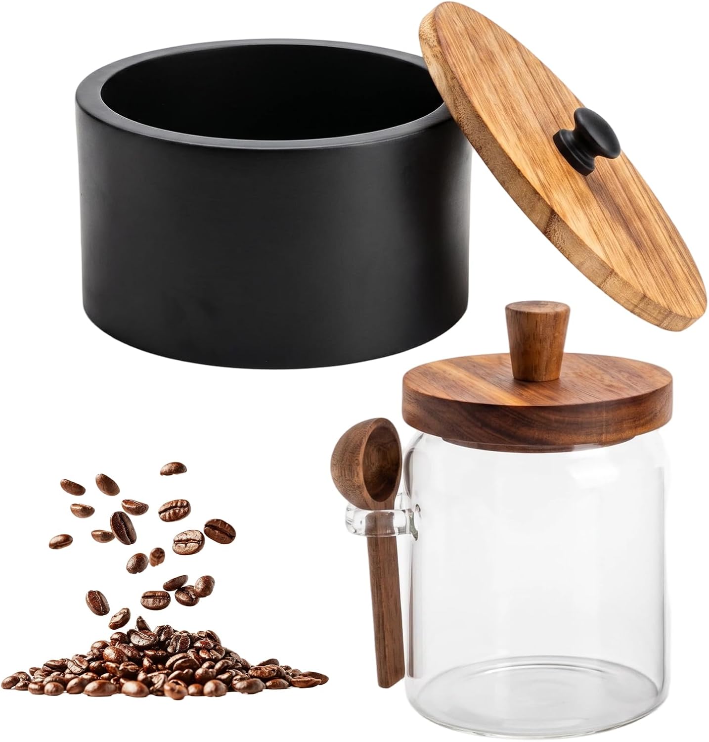 Coffee Filter Holder & 20.3oz Glass Jar with Lid Scoop for Coffee Lovers | BPA-free, Leak-proof, Locks in Coffee Beans Aroma, Dust-proof, Keeps Fresh, 20.3oz Clear Canister, Wooden Filter Organizer