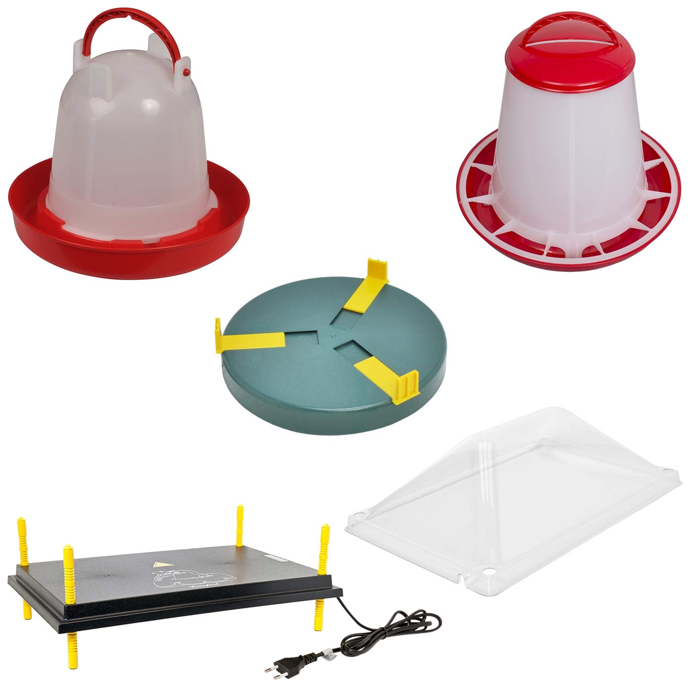 Kükenaufzucht Komplettset für bis zu 55 Küken, 40x60cm regelbare Wärmeplatte und Abdeckung + Tränke + Futterautomat + Tränkenwärmer, effiziente Heizleistung, robust, Aufzucht Küken Frostschutz