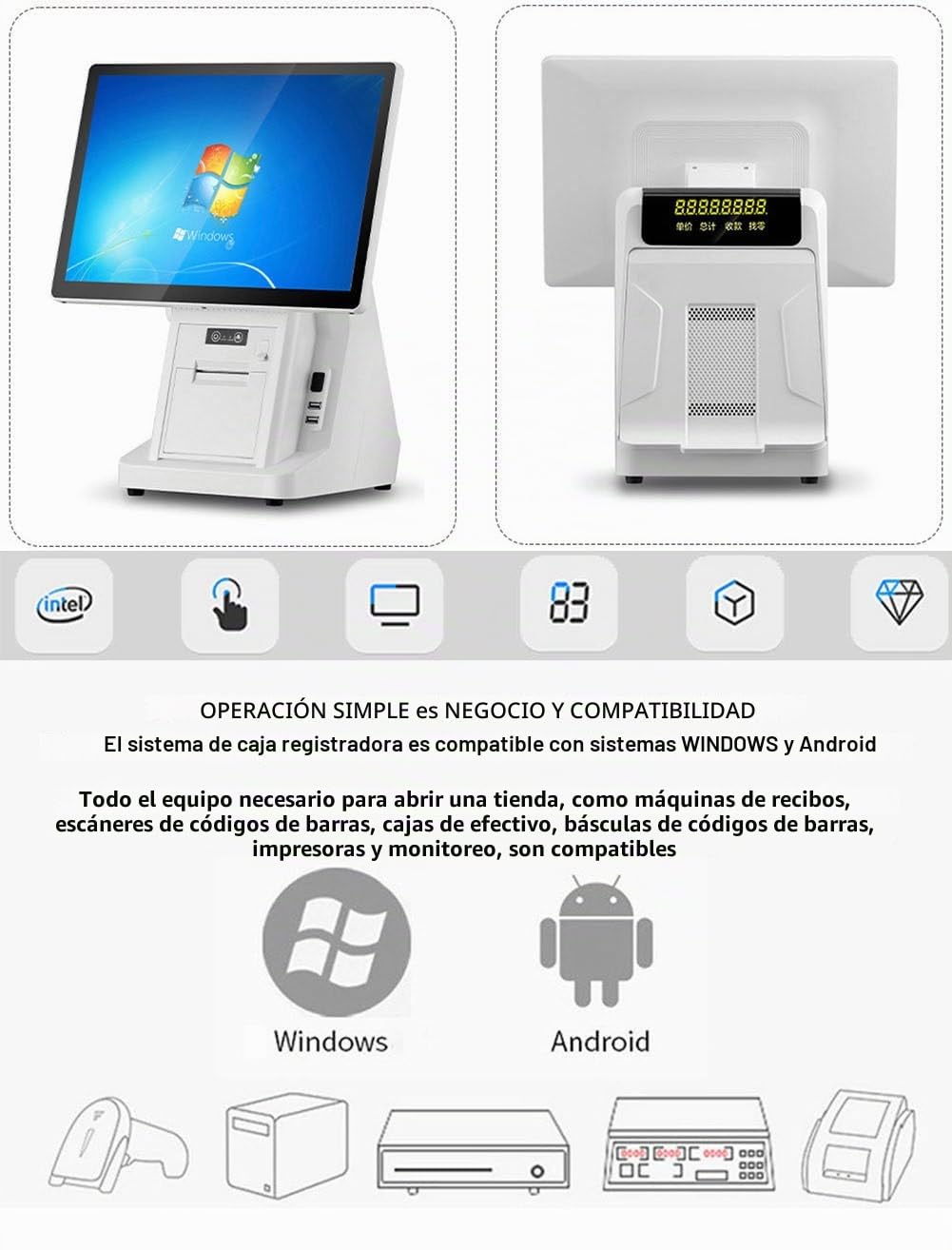 Caja Registradora Bar,Ángulo Ajustable con una Mano,8GB + 258GB,Registradora Tactil para Tiendas de Conveniencia,Centros Comerciales,Supermercados,Restaurantes,80mmPrinter
