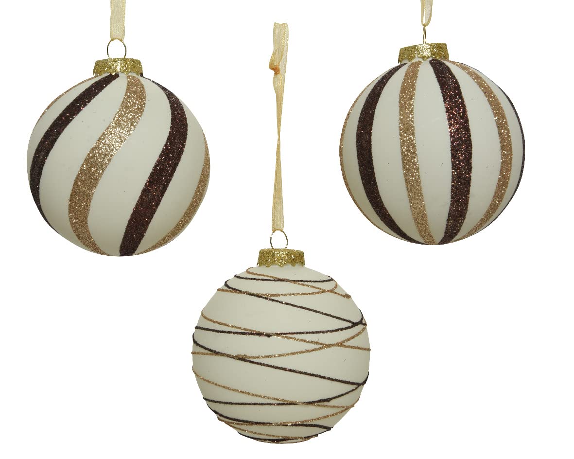 Kaemingk Lot de 12 boules de Noël en verre avec motif rayures Blanc laine marron 8 cm