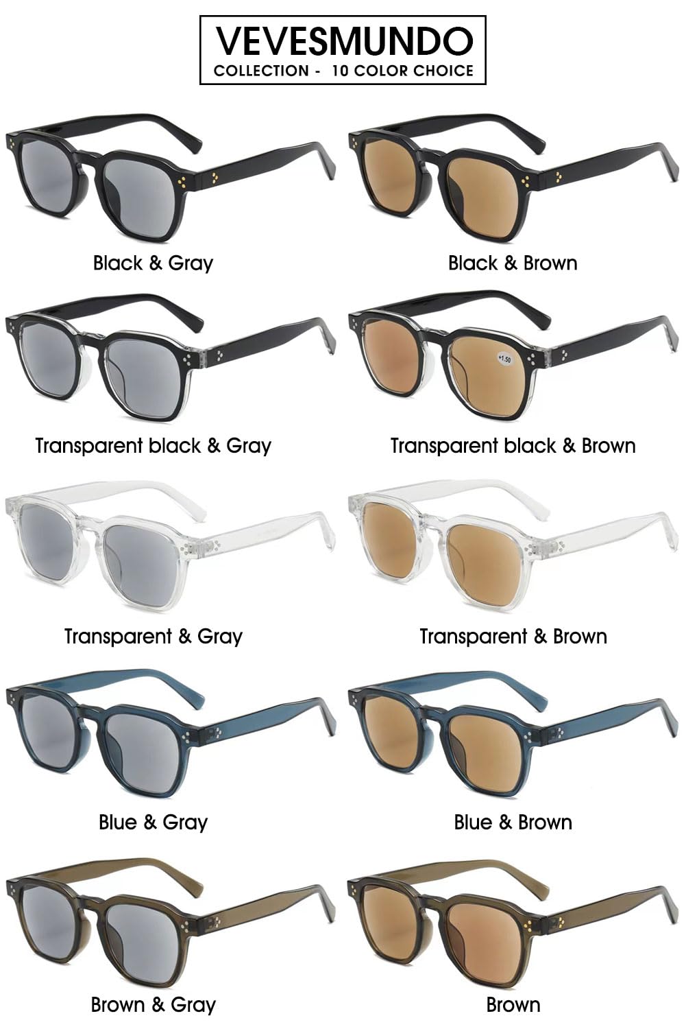 VEVESMUNDO Sonnenlesebrille Lesebrille Damen Herren Quadratisch Getönt Sehhilfe Sonnenbrille mit sehstärke +1.0,+1.5,+2.0,+2.5,+3.0,+3.5,+4.0