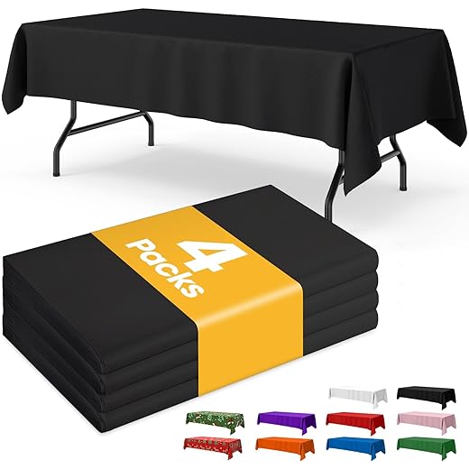 Black Plastic Table Cloth - 4 Pack 54" × 108" Rectangle Disposable Tablecloths for 6FT Tables, Table Cover for Party, Holiday & Gathering Use