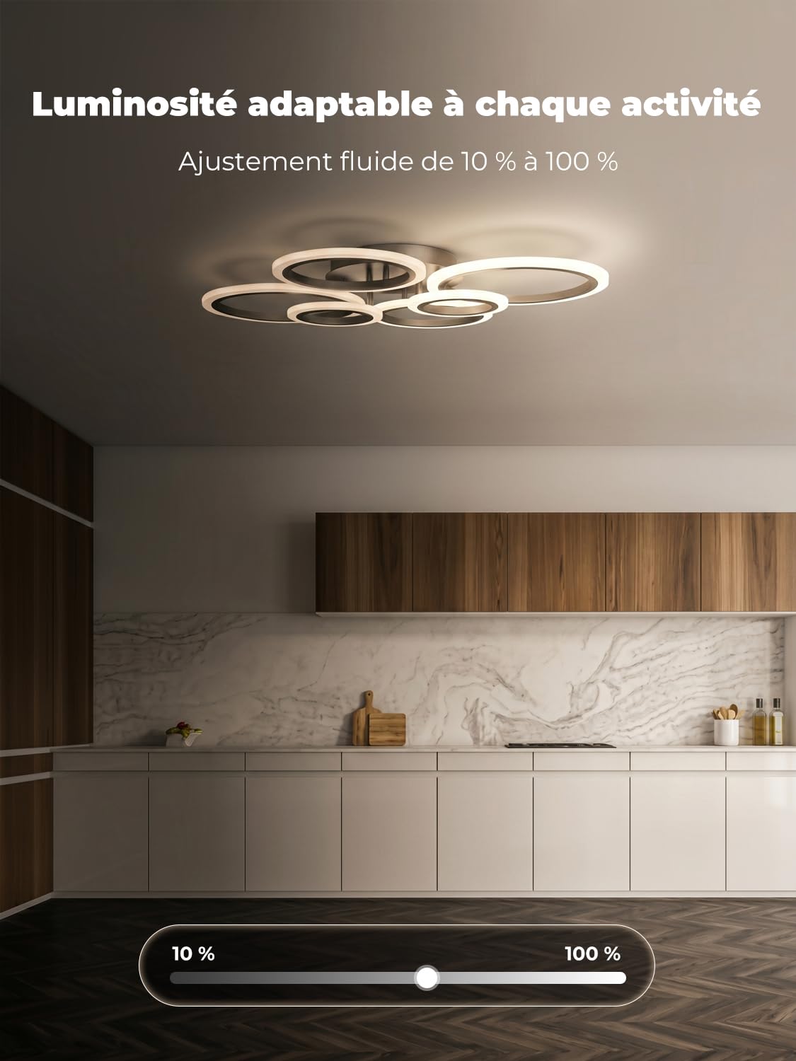 Luminaire Plafonnier Led avec Télécommande & APP, Éclairage de plafond avec 6 Anneaux, Dimmable, Fonction Mémoire de Lumière, avec Minuterie, Lustre Moderne Salon Salle Chambre Bureau, Noir