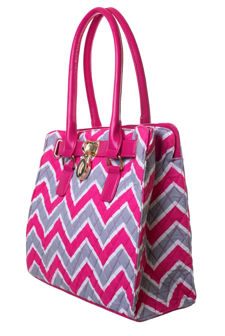 L.COLETTE Canvas Quilted Chevron Print with Lock Design Tote Bag CW7202