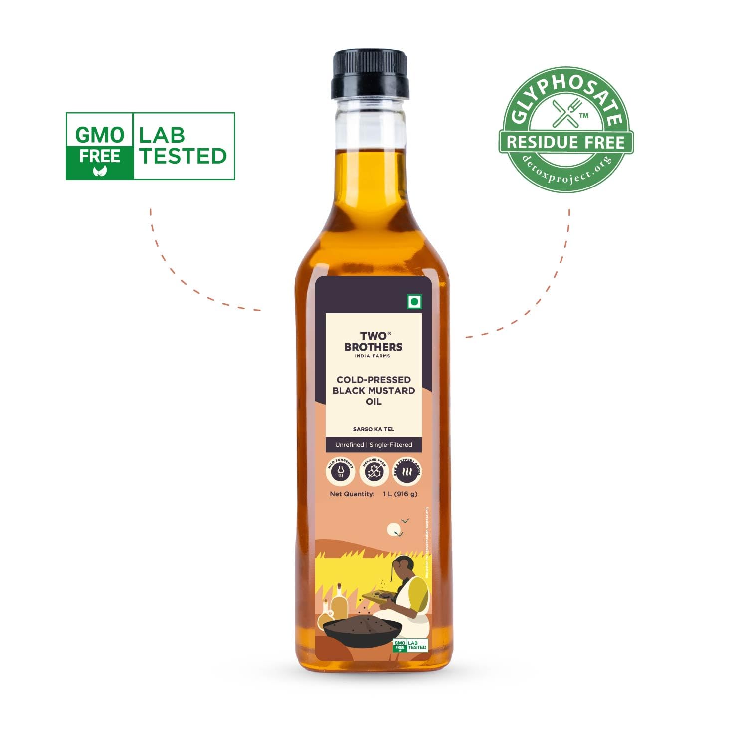 Two Brothers India Farms India's Only Certified Glyphosate Free Mustard Oil/Sarso Ka Tel (1L), Made Using Native Mustard Seeds | Cold-Pressed and Single-Filtered Oil for Cooking | Hexane-Free 4