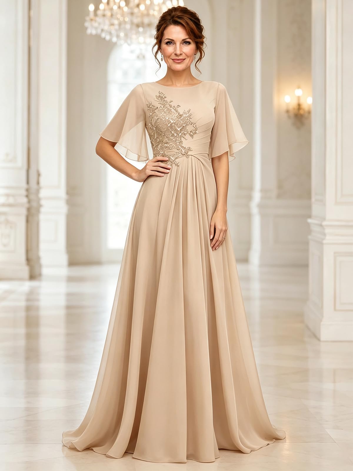 Chiffon Brautmutterkleider mit Spitze lang A-Linie Kurze Ärmel Elegant formelle Abendkleider für Hochzeiten