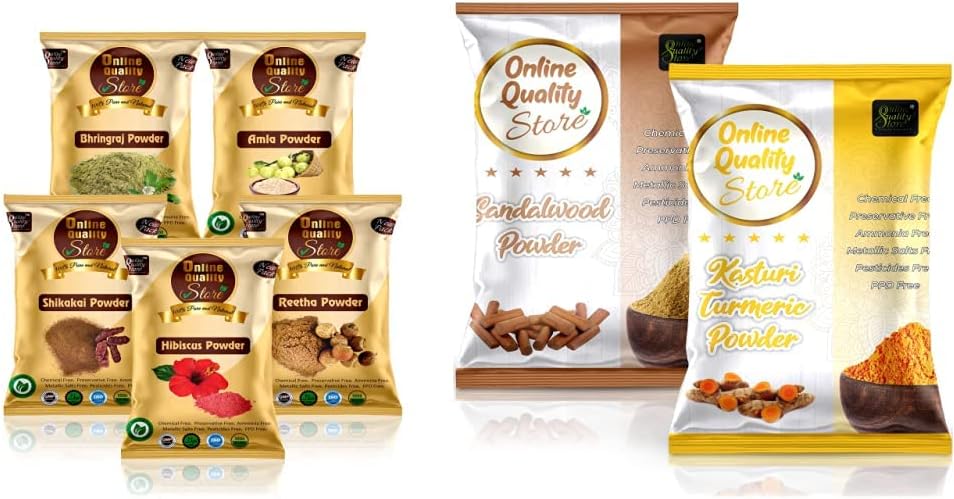 Online Quality Store Amla Reetha Shikakai, Bhringraj & Hibiscus Powder For Hair, 200G & Kasturi Turmeric Powder For Face, 100G + Sandalwood Powder Pure Organic For Face, 100G | For Dry Hair - 4 Count