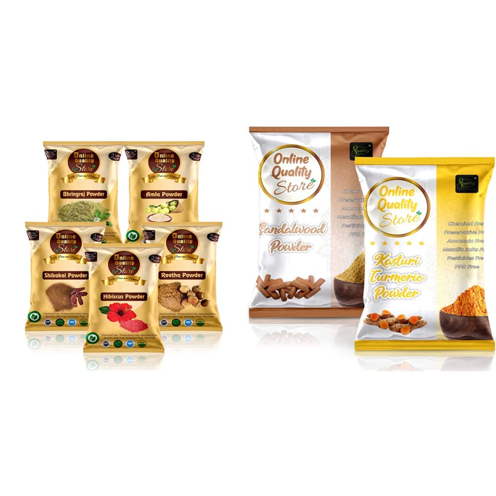 Online Quality Store Amla Reetha Shikakai, Bhringraj & Hibiscus Powder For Hair, 200G & Kasturi Turmeric Powder For Face, 100G + Sandalwood Powder Pure Organic For Face, 100G | For Dry Hair - 4 Count
