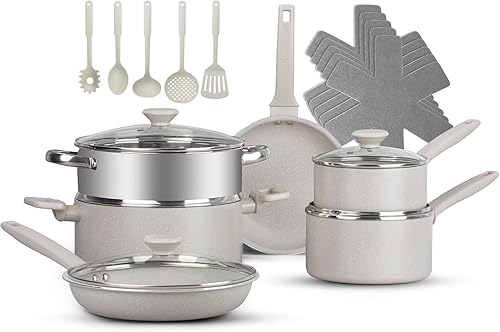 Granitestone Juego de 20 ollas y sartenes antiadherentes con vaporizador, utensilios de cocina y protectores de almohadilla, asas que se mantienen