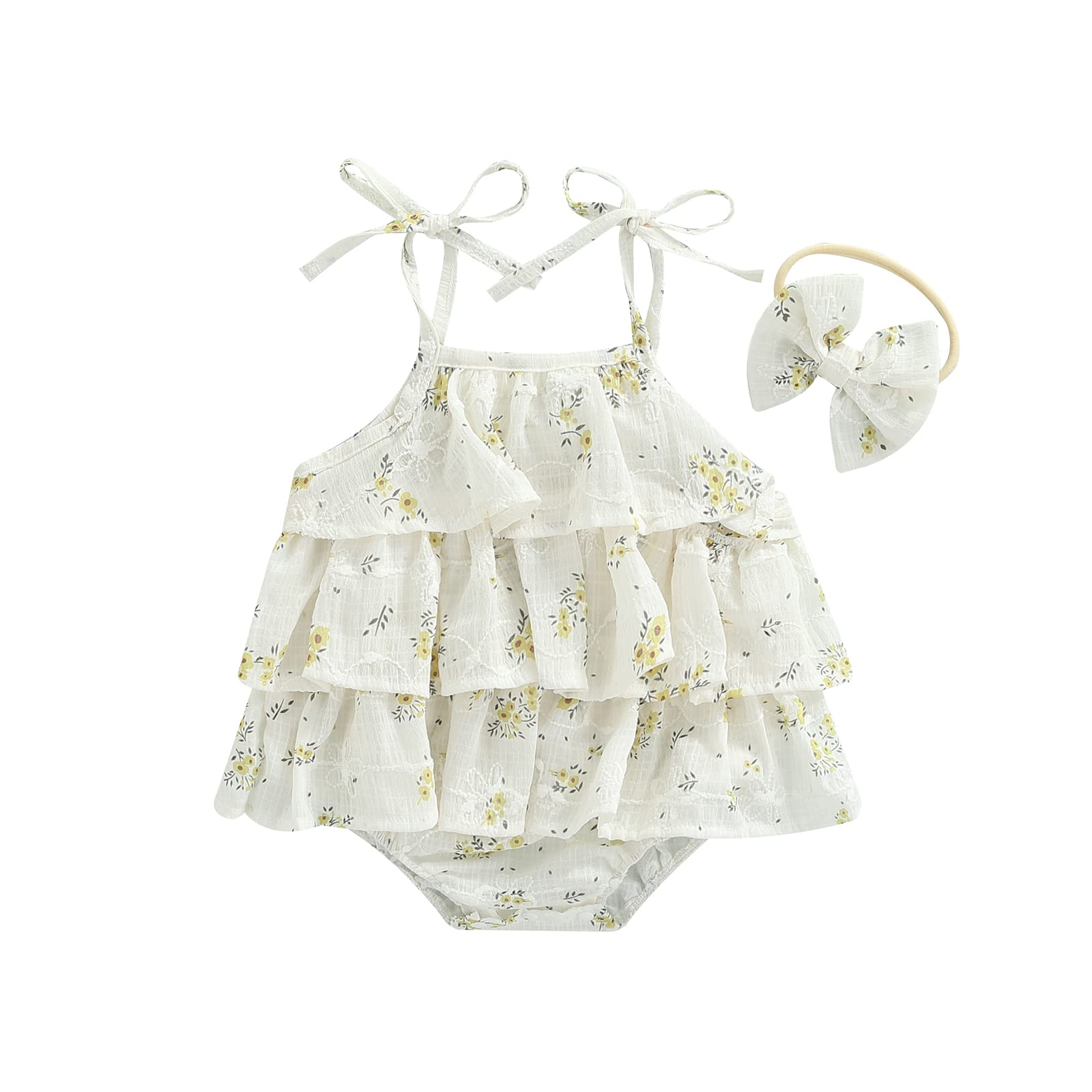 Baby Girls Romper Sleeveless Floral Multi-Layer Jumpsuit + Bow Headband Clothes 0-24 Months (Yellow, 0-6 Months)