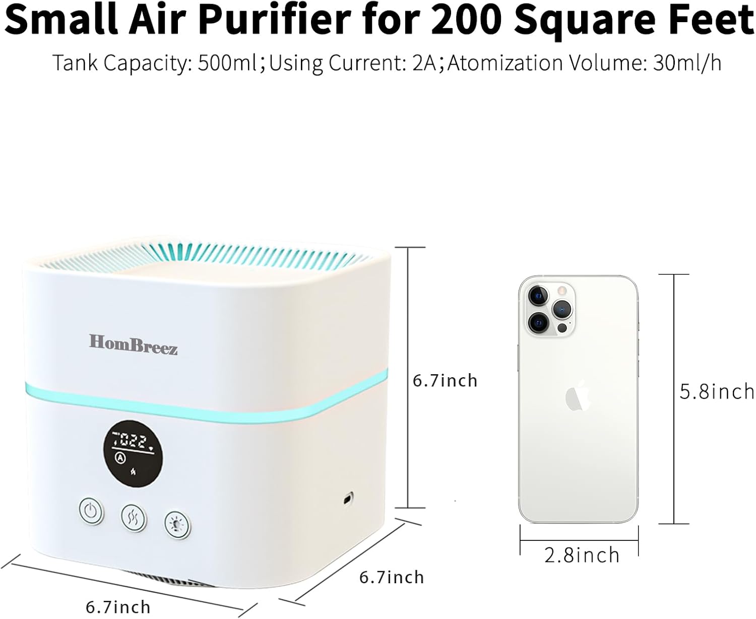 Image displaying the seven different ambient light colors available on the HomBreez Air Purifier, showcasing various hues around the device's central band.