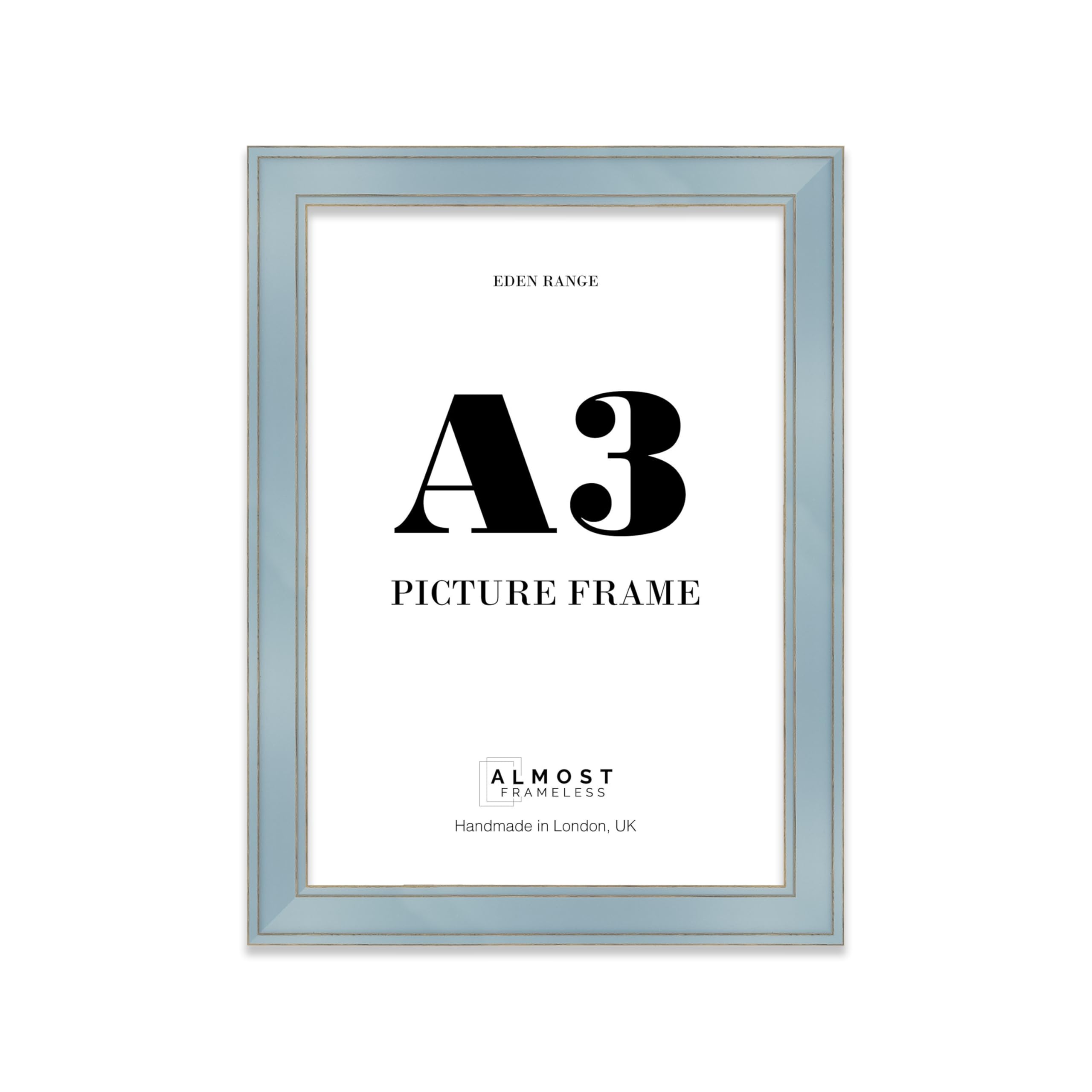 A3 Cornflower Blue Picture Frame - Shabby Chic Photo Frame with Distressed Finish, Gold Trim, Wall Hooks, 37mm Edge - 1 Pack