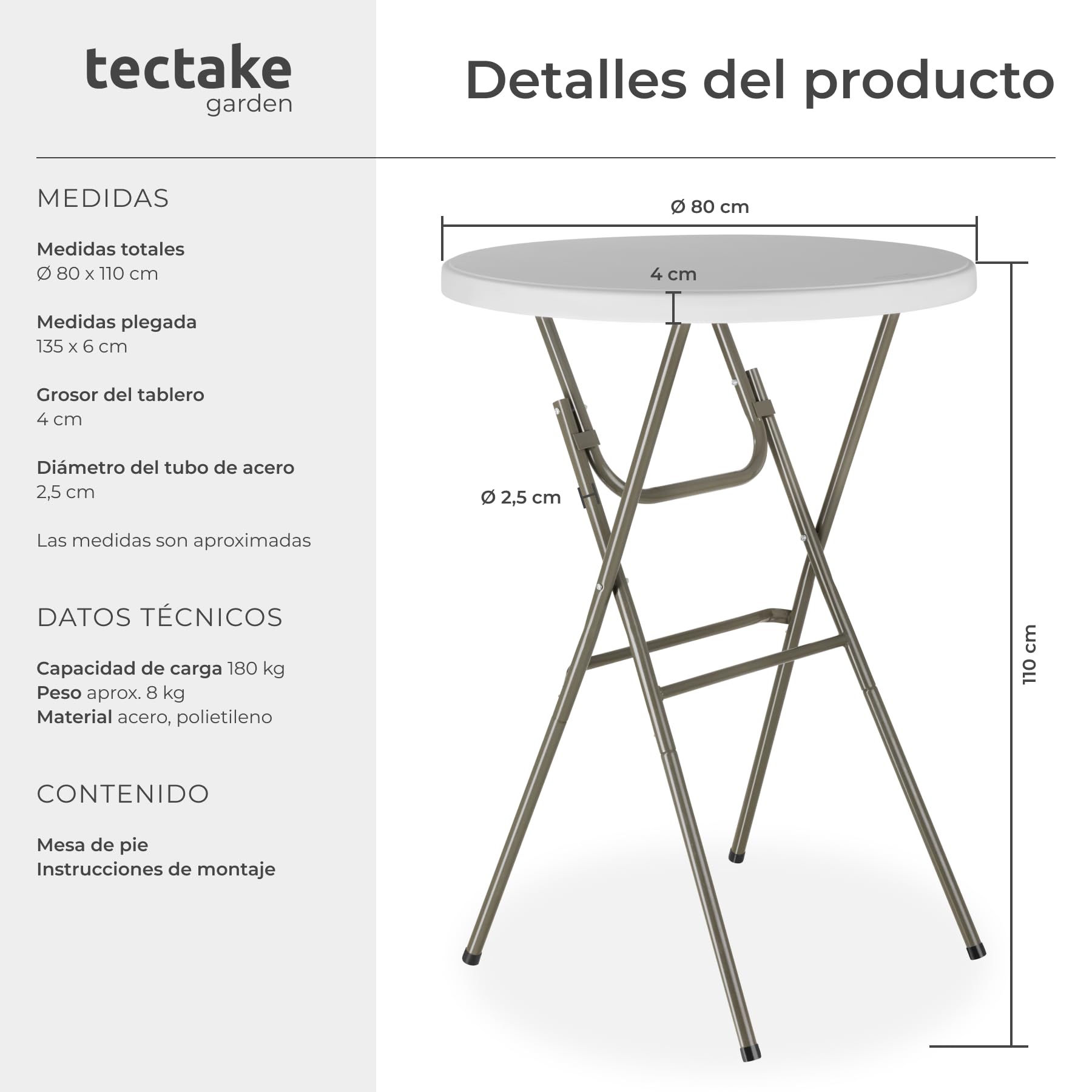 tectake® Mesa Alta Cocina Plegable de Plástico, Mesa Alta Comedor con Soporte Estable, Pensada como Barra Cocina Auxiliar para Espacios Pequeños - 80 x 80 x 110 cm - Set de 1