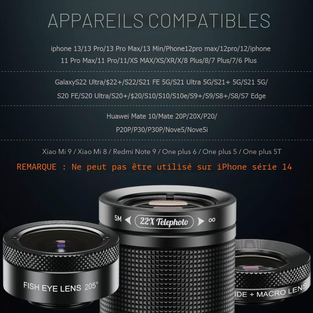 Kit d'objectif d'appareil photo Apexel 4 en 1 - Téléobjectif 22x / Objectif Fisheye 205° / Objectif grand angle 120° et objectif macro 20x / Trépied et obturateur à distance pour iPhone, Samsung, etc.