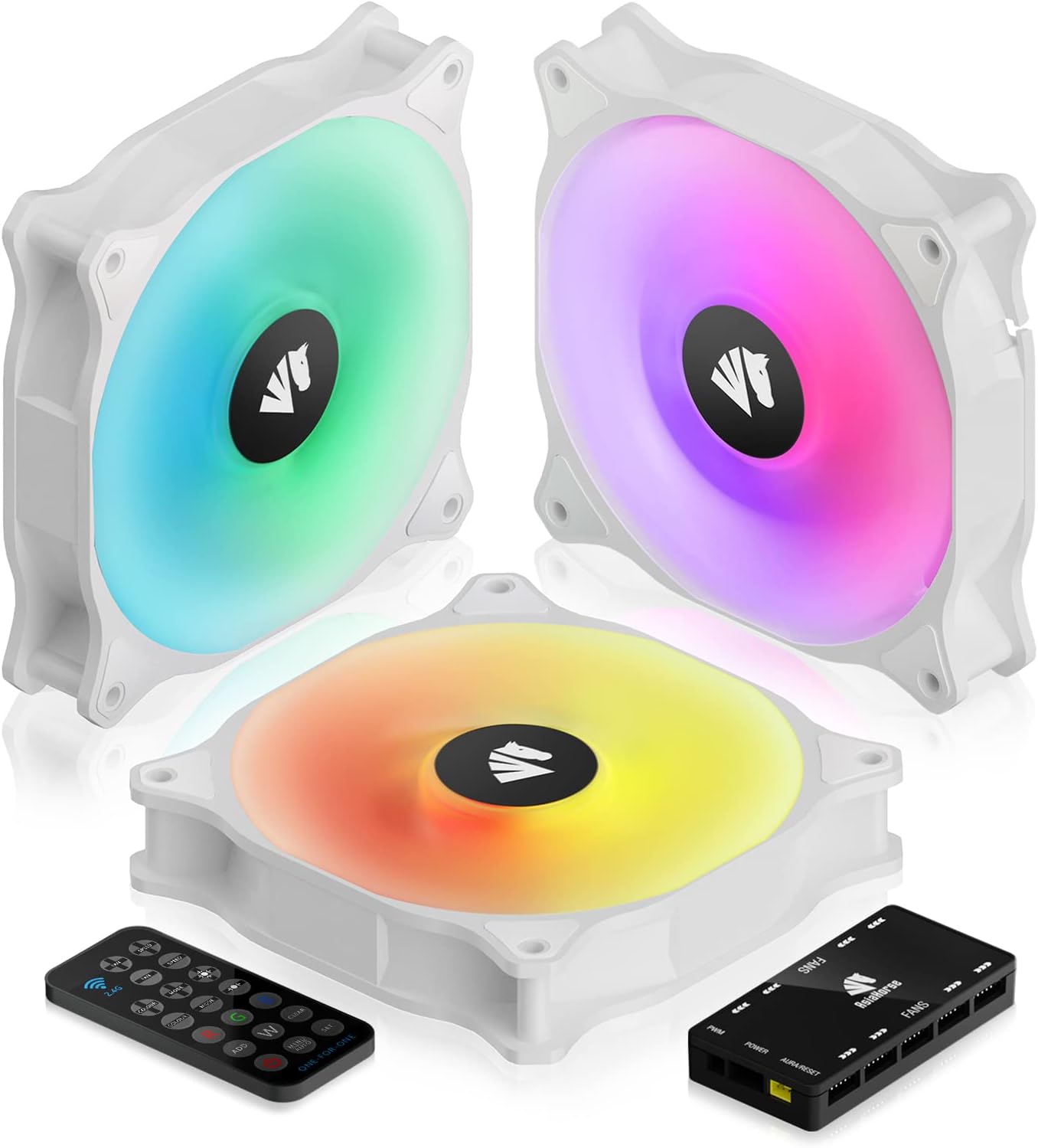 Three AsiaHorse WD-001 ARGB case fans with a remote control and a fan hub, all illuminated with vibrant colors.
