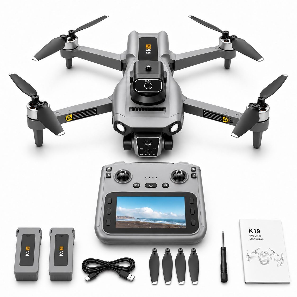K19 GPS Drohne mit 4K Kamera, Fernbedienung mit Live-Display, 600m Reichweite, 360° Hindernisvermeidung, Follow-Me, Auto-Return, Bürstenlose Motoren, 40 Min Flugzeit