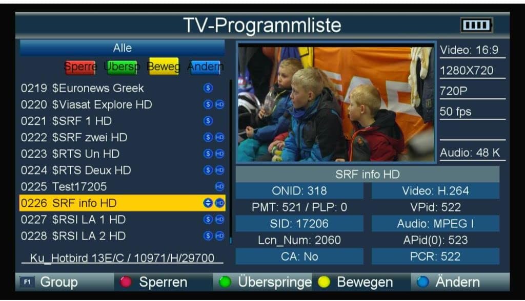 SATLINK WS 6916 TV Program List screen showing a list of channels and their video/audio properties.
