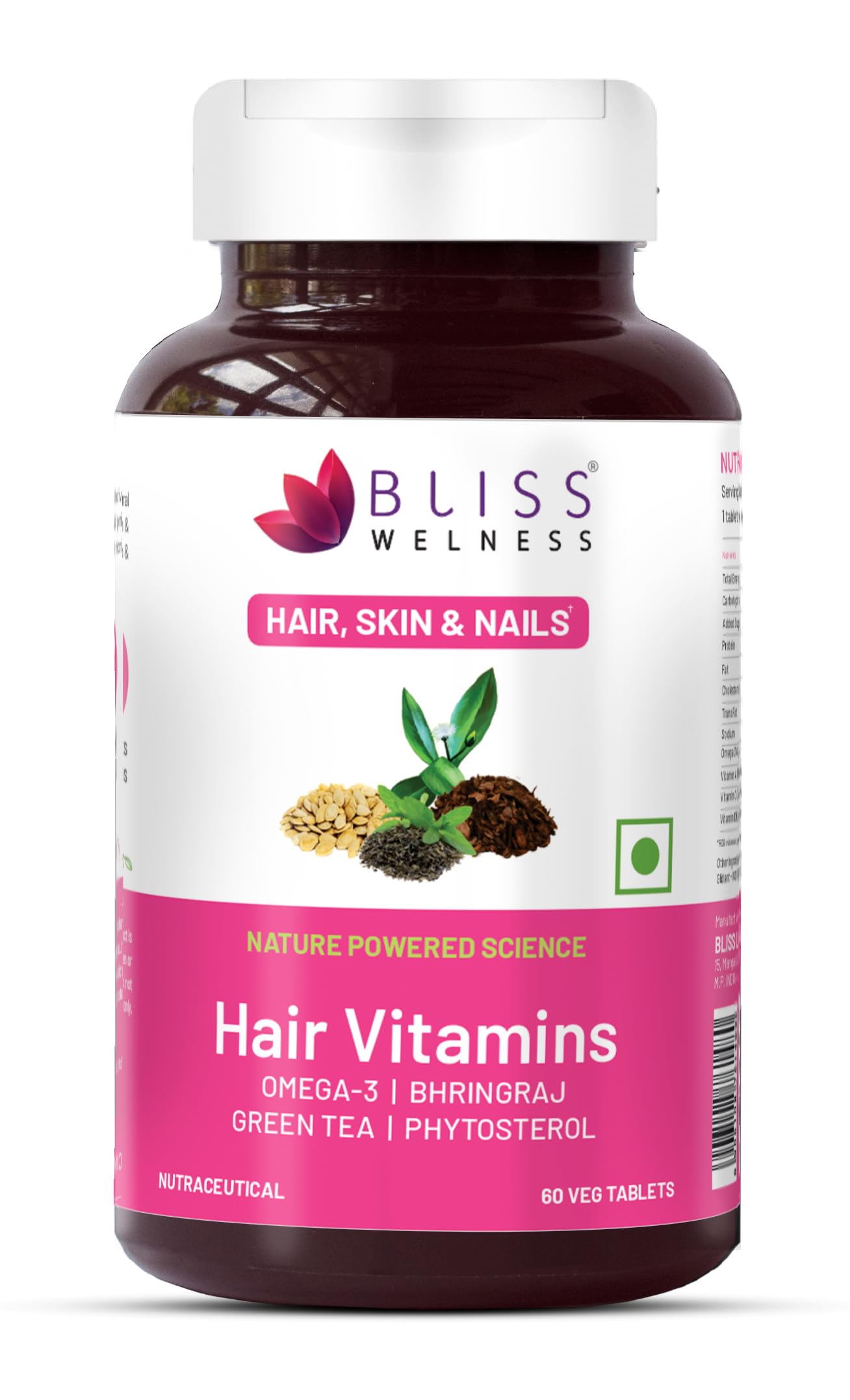 Hair Vitamins with Omega-3, Bhringraj, Green Tea, Phytosterol, Biotin, Pumpkin Seed Extract for Women and Men | Supports Hair Nourishment, Shine, and Scalp Health | 60 Veg Tablets